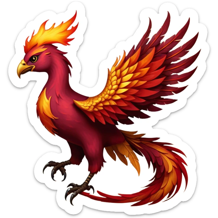 Cinematic Noble Battle-Hardened Mystical Fire Phoenix Portrait Emoji, with scorched, battle-scarred plumage in deep crimson, burnt gold, and smoldering ember hues. Its piercing eyes, hardened by countless conflicts, blaze with unyielding resolve and ancient wisdom. The elongated tail feathers bear vivid marks of fiery combat, rendered with lifelike texture and dynamic highlights, high shine, exuding an aura of mythic martial valor, focused and commanding, with a soft glowing outline that captures a phoenix forged in the fires of war. sticker