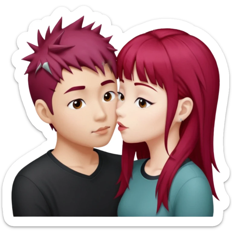 Asian Spiky short red hair  guy kissing white girl with long burgundy hair and bangs  sticker
