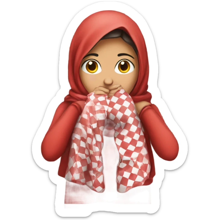 Girl wearing red and white checkered keffiyeh covering mouth hands covering face  sticker