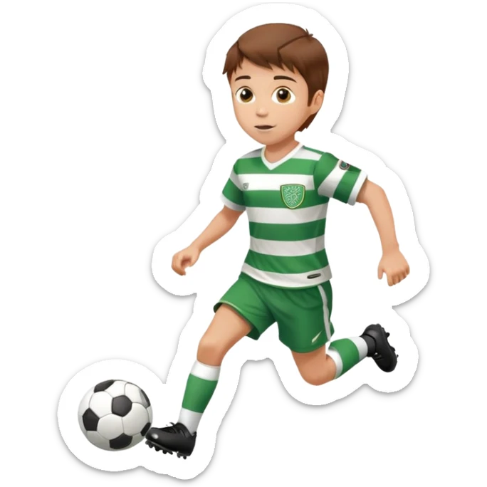 Celtic footballer running 6 years old brown hair white boy , stripes uniform , running with soccer ball # 17 sticker