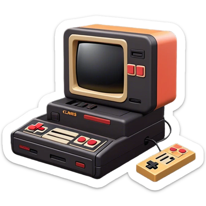 Clash of Clans aesthetic: Cinematic Playful NES Console Portrait Emoji, rendered in a 3D vector-style similar to standard emojis with minimal shading and bold, simplified shapes. A compact, distinct form with signature details, softly glowing with a nostalgic gaming charm. Simplified yet unmistakably iconic, highly detailed and consistent, glowing with a soft radiance and high shine. Stylized with a touch of retro gaming magic and a soft glowing outline, capturing the essence of a beloved gaming relic with a friendly, playful manner! sticker