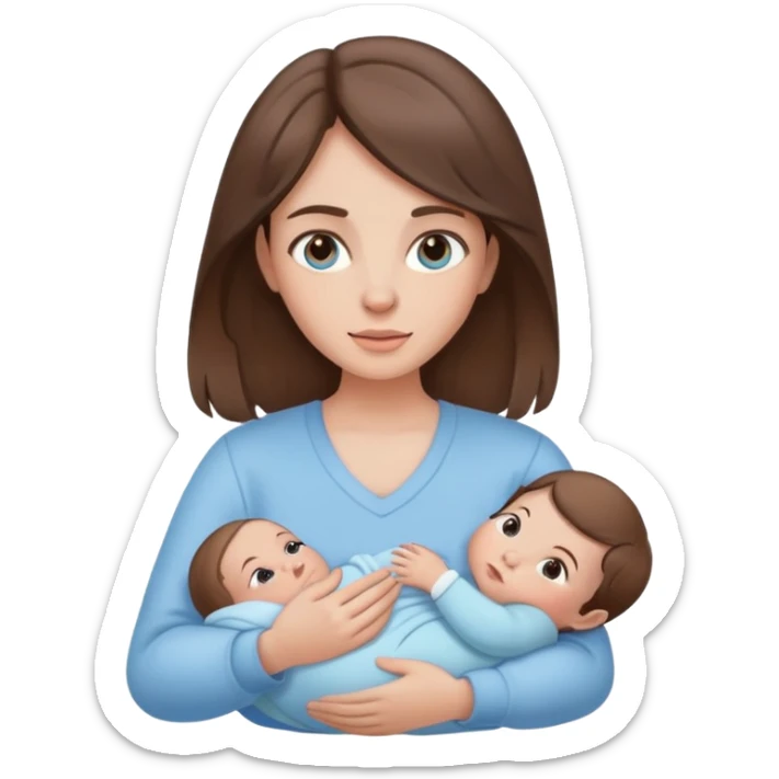 brunette girl with brown hair wearing pastel blue clothes holding a baby sticker