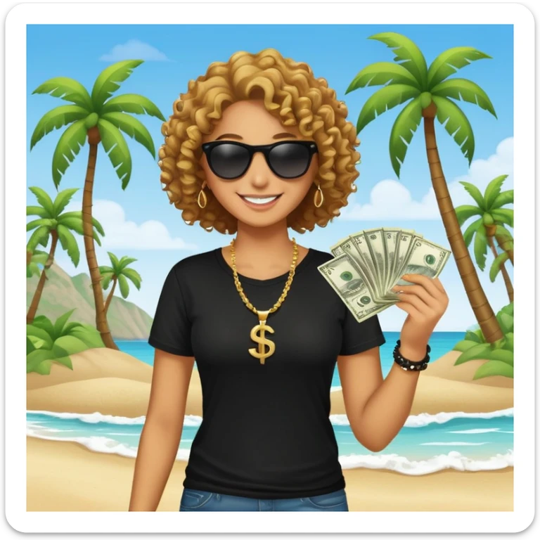 Smiling person with curly hair wearing black t-shirt and necklace, sunglasses, showing dollar bills, beach with palm trees sticker