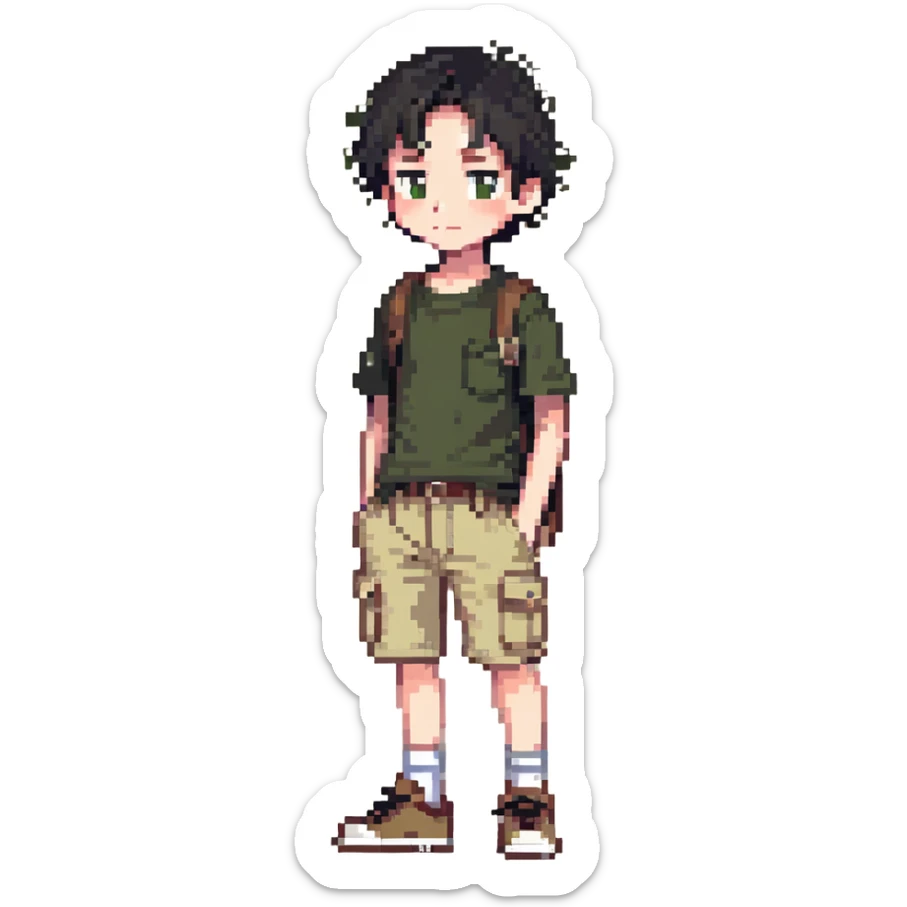 boy wearing an olive-green shirt over a brown T-shirt with beige cargo shorts sticker