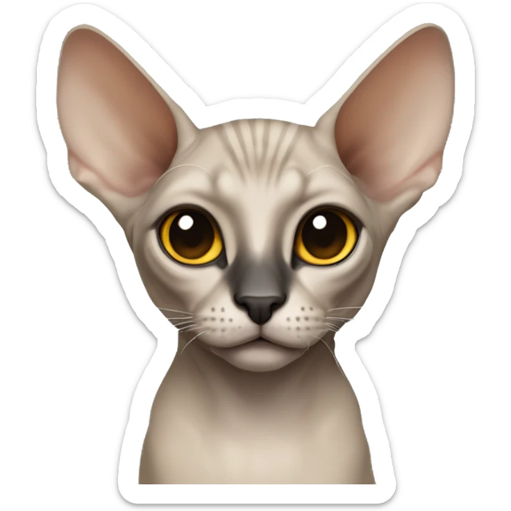 Sphinx cat with grey ears and a skin around eyes, black nose but the skin around the nose and skin at nose is white, eyes are yellow-brown sticker