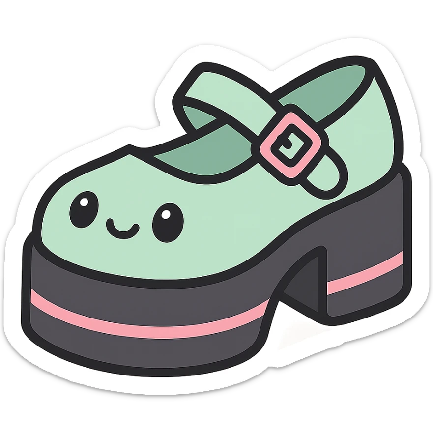 Make the shoes pastel green with black and pink accents, kawaii style, no socks, no hearts, transparent background sticker