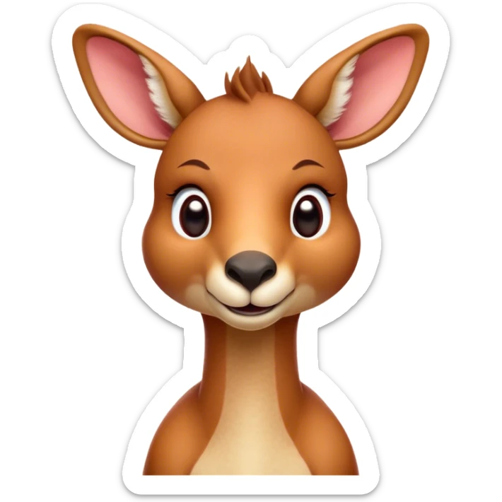 Cinematic Cute Adult Red Kangaroo Portrait Emoji, Head tilted playfully and inquisitively, showcasing a charming, robust build with soft reddish fur and a uniquely camel-like head featuring a gentle, elongated snout and rounded ears, with large, sparkling eyes full of wonder, Simplified yet irresistibly adorable features, highly detailed, glowing with a warm, friendly glow, high shine, affectionate and lively, stylized with a touch of outback whimsy, soft glowing outline, capturing the essence of a mischievous yet loving kangaroo that seems as if it could hop out of the screen into your arms! sticker