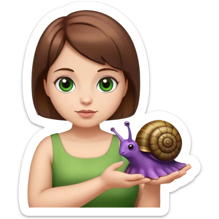 A big girl with short brown hair and purple eyes wearing a green dress holding a snail sticker