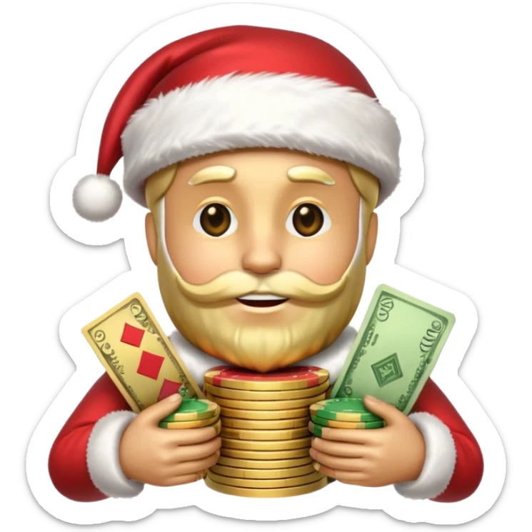 A confident rich emoji face wearing a Santa hat, money stacks, casino vibe, New Year theme, premium 3D emoji style, sharp details, no text, isolated on transparent background sticker