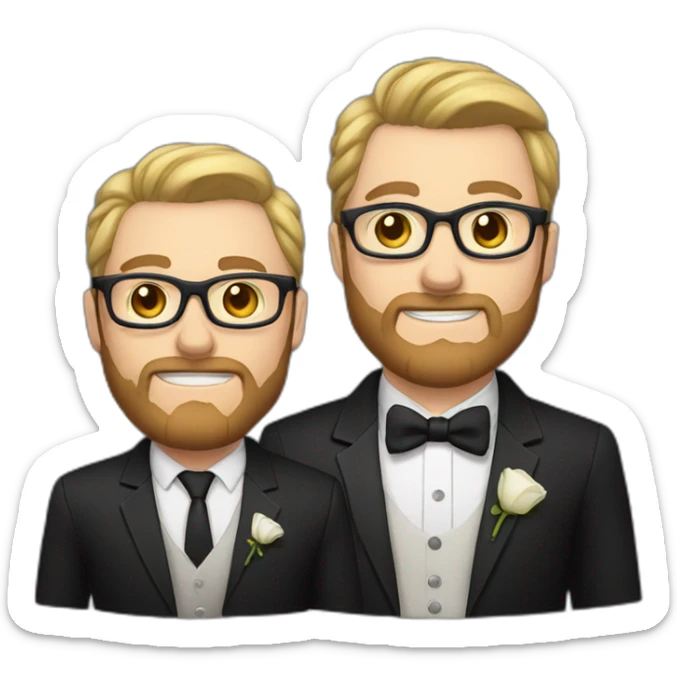 two groom, one with a dark beard and glasses and the other with light hair and white skin sticker