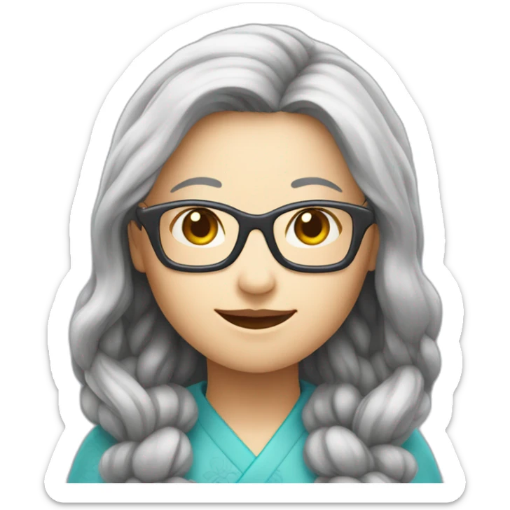 Chinese senio lady has long hair wear glasses show love sign sticker