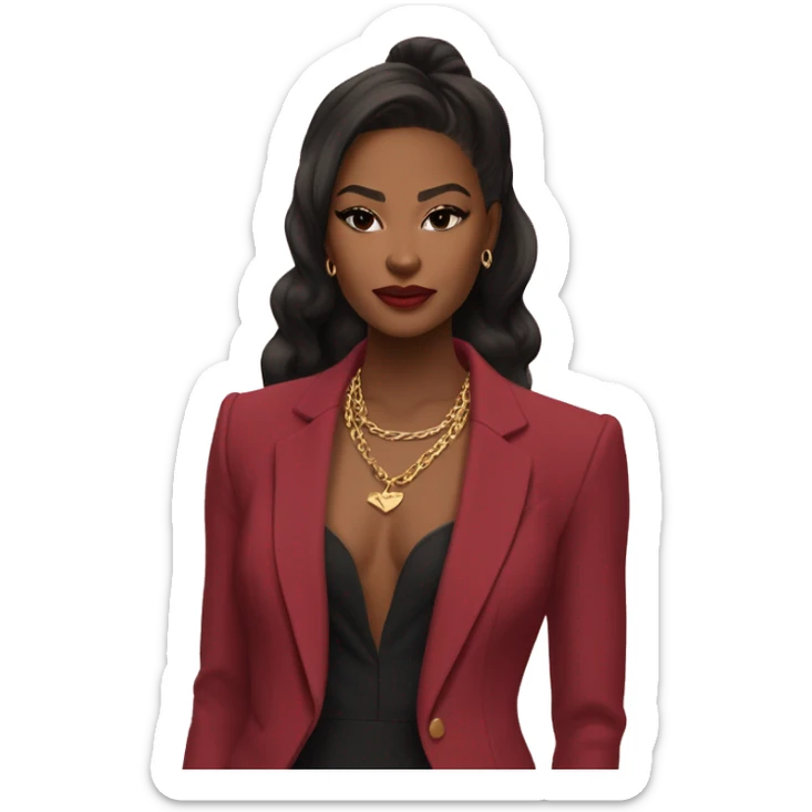 	•	Outfit: Deep red suit, gold necklace, pink clutch.
	•	Hair: Black, half-up with red bow, voluminous.
	•	Skin: Warm tan, smooth.
	•	Features: Defined brows, almond eyes, sharp jawline.
	•	Makeup: Winged liner, nude lips, soft blush. sticker