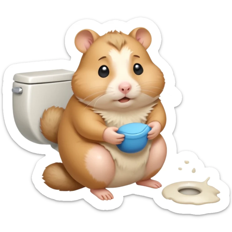 Cute chubby cartoon-style hamster sitting on toilet pooping looking as if he had an accident sticker