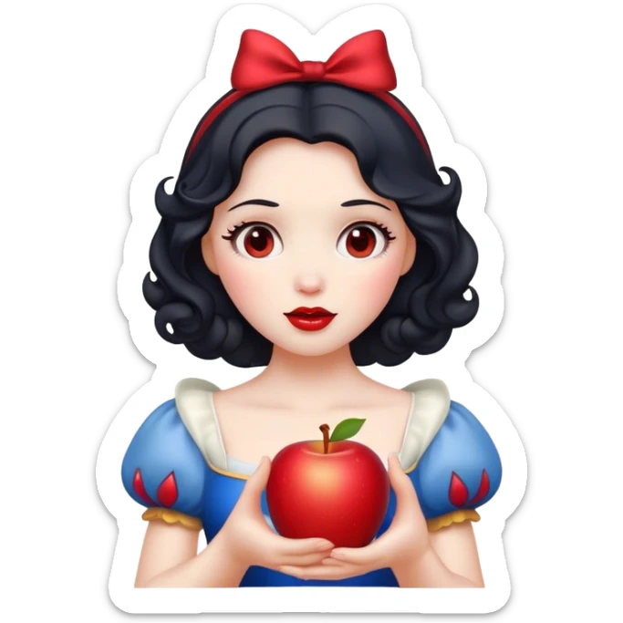 Cinematic Elegant Snow White Portrait Emoji, Delicately holding a red apple, eyes glimmering with mystery, soft curls perfectly placed, her royal presence glowing with a warm, enchanting charm! sticker