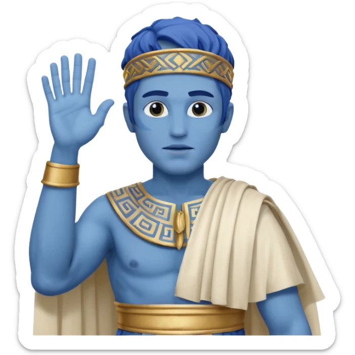 I want you to set it in Greece, with Greek clothing, blue skin, and looking like a man raising his hand. sticker