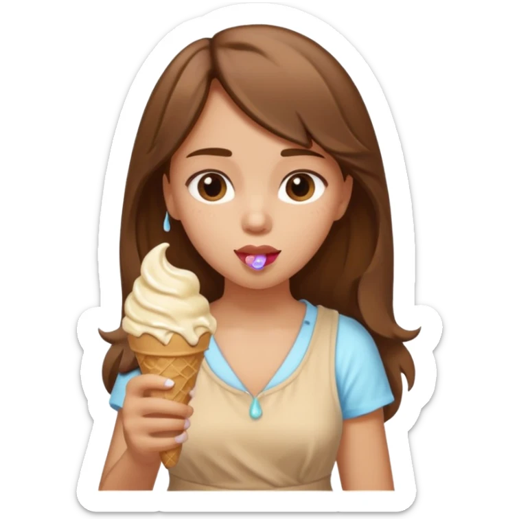 Un fille  brune au vêtement  beige qui mange une glace sticker