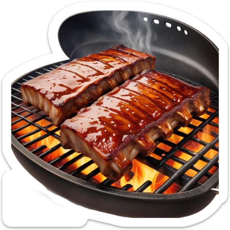 Cinematic juicy grilled ribs, glistening with smoky barbecue sauce, charred edges, tender meat falling off the bone, sizzling on a hot grill, mouthwatering and rich, warm and inviting, ultra-realistic and delicious. sticker