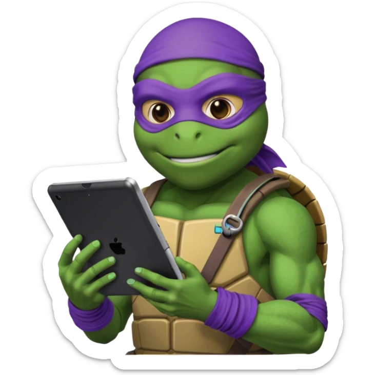 Donatello from Teenage Mutant Ninja Turtles, emoji style, holding a tablet with a hacking screen and a tech gadget sticker
