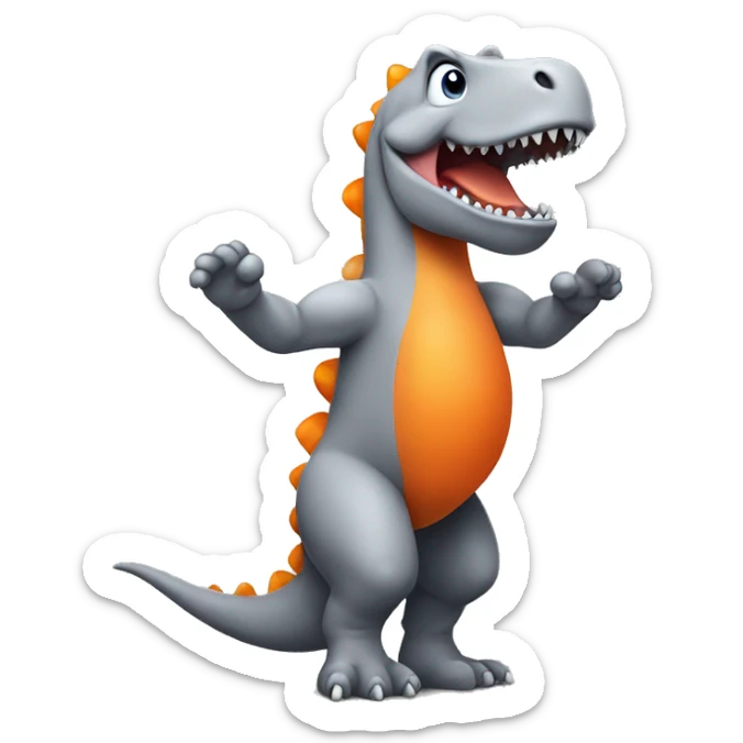 A grey Dino standing on his two feet with his arms in the air and he has a orange belly sticker