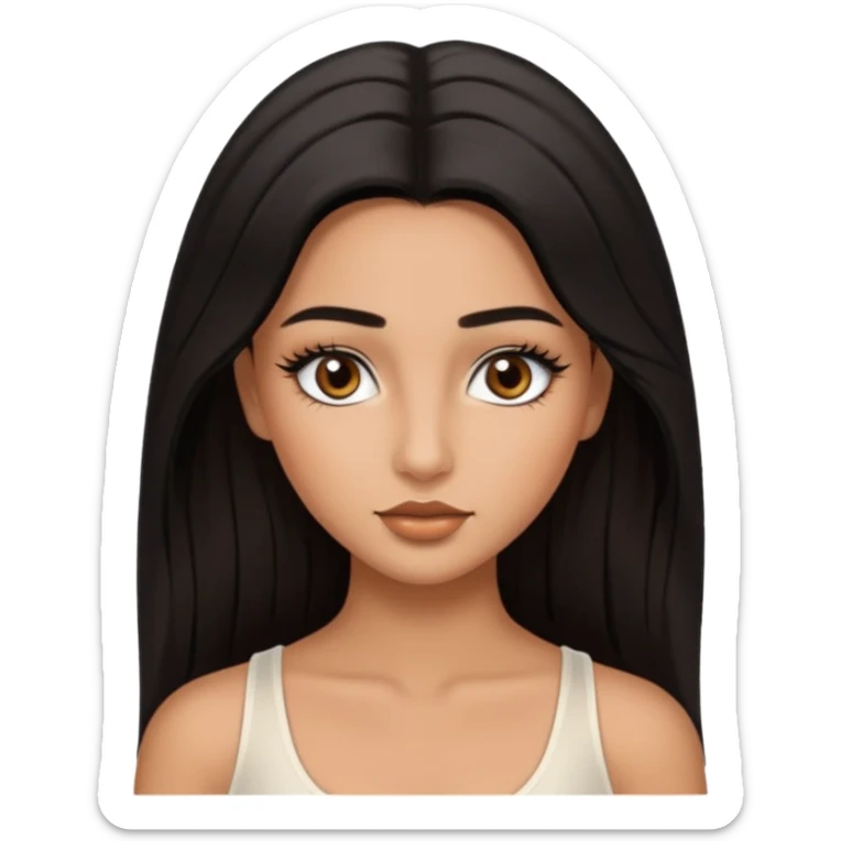 A girl, who has long black styled silk hair, tan skin. almond brown eyes that has black long lashes, small nose and full lips. and a bit of makeup like bronzer. and wearing a white tight top. long black lashes and medium arched brows. looks like a baddie. sticker