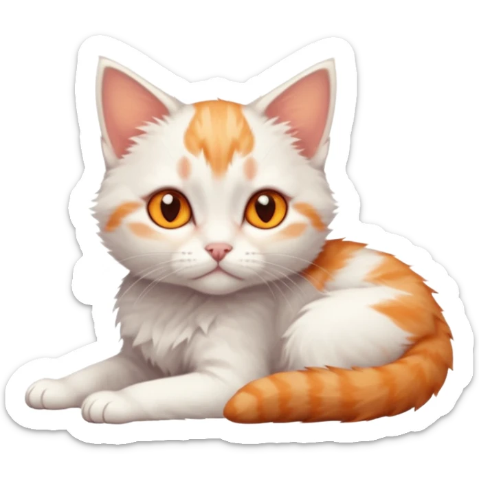 full body of very small + skinny ginger and white kitten with deep orange eyes and triangular shaped face lying down sticker