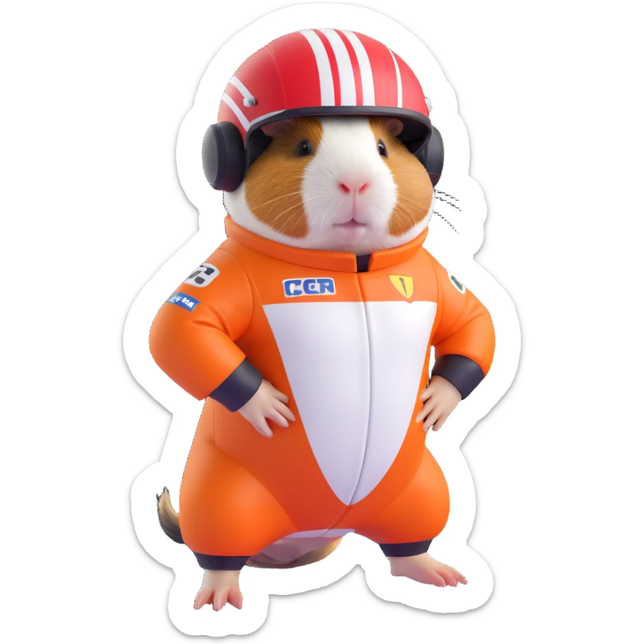 guinea pig in a Formula 1 racing suit and helmet, full body, sporty and energetic, racing theme sticker