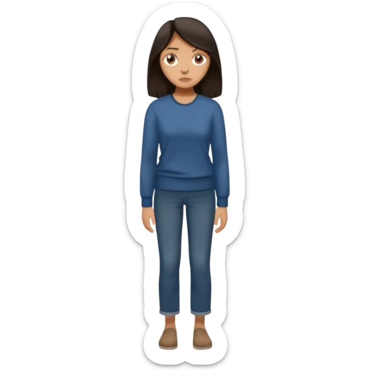 "Cartoon emoji of a woman with long, loose dark hair, wearing plain, simple clothes. Full-height, standing, nervous, unsure, worried expression. Slightly hunched, anxious posture. Smooth, simple, stylized." sticker