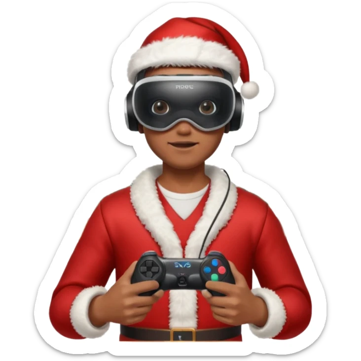 Homme photographe noir, week-end détente, équipé d’un appareil photo pro. Dans un décor Noël chaleureux, Père Noël à côté, sapin illuminé, lumières douces. L’homme porte un casque VR autour du cou ou sur la tête, et une manette PS 2025 dans la main libre. Ambiance festive, réaliste, couleurs nettes sticker