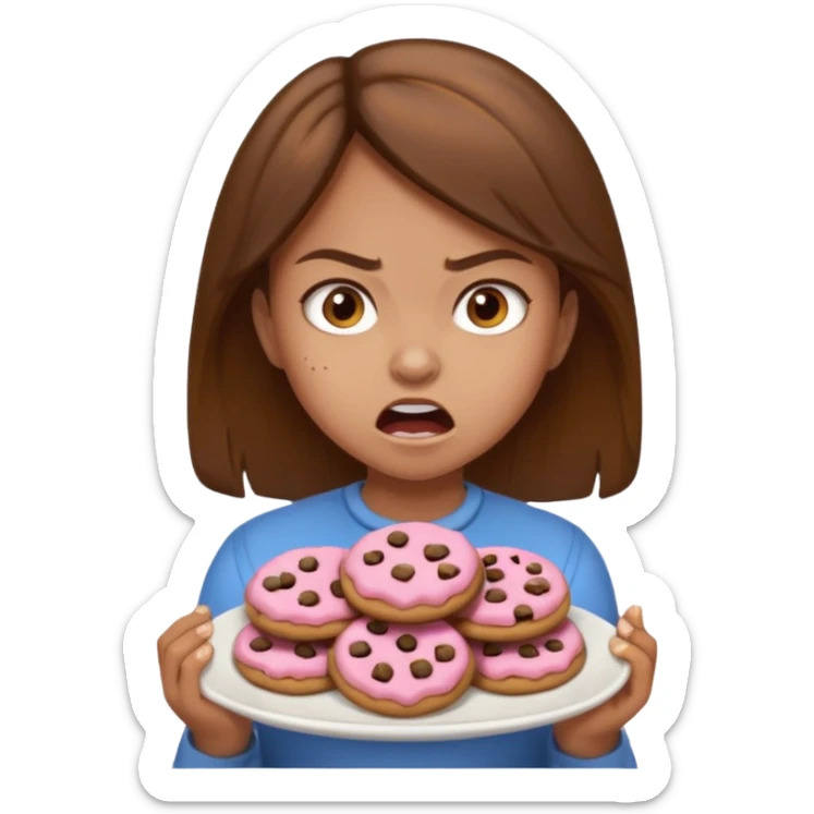 Angry girl brown hair that’s eating a plate of cookies sticker