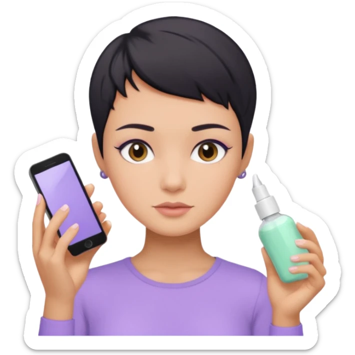 tan girl with pastel purple shirt with black hair & a pixie, doing her skin care sticker