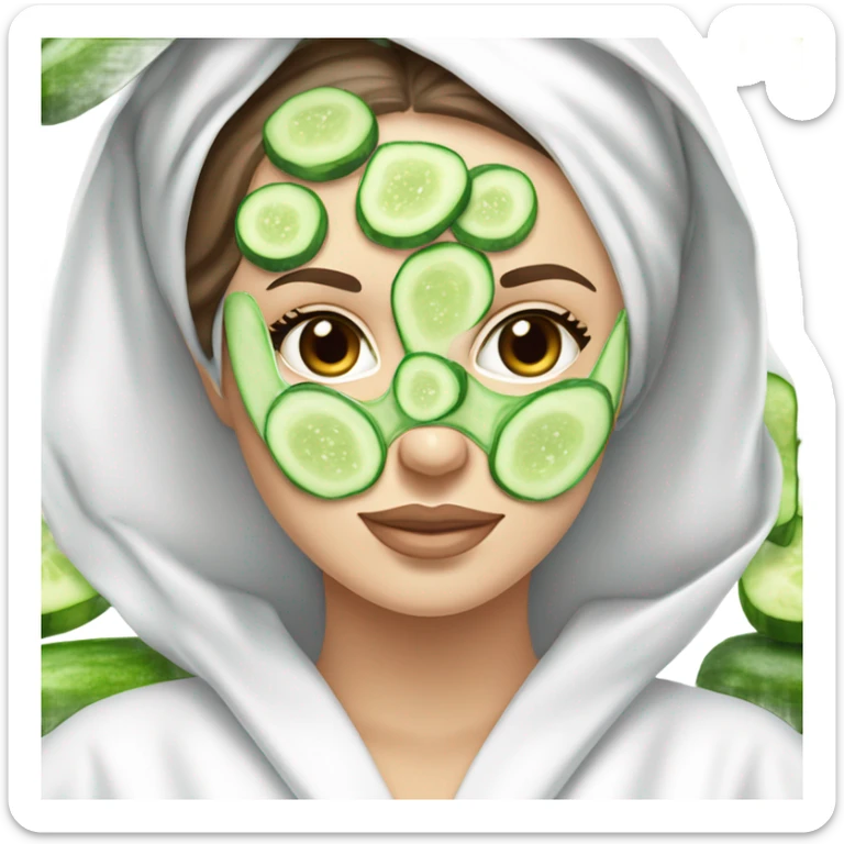 White girl with Brown hair and blue eyes wears a Green colored skincare clay textured mask and puts on cucumbers around her eyes while She relaxes in her white Robe sticker