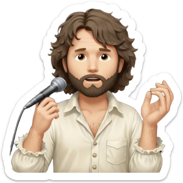 solarpunk realistic ultra HD - pensive, messy, shaggy, bearded Jim Morrison in an ivory Victorian shirt, in an ecstatic dramatic pose, singing on stage sticker