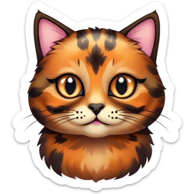 Cinematic Cute Tortoiseshell Cat Portrait Emoji, Head cocked sweetly with bright, curious eyes and a cuddly, mottled fur of rich browns and blacks, simplified yet charmingly adorable, highly detailed, glowing with a warm, gentle radiance, high shine, playful and endearing, styled with a dash of whimsical feline magic, soft glowing outline, capturing the essence of a cute tortoiseshell cat that seems ready to pounce with affectionate mischief! sticker