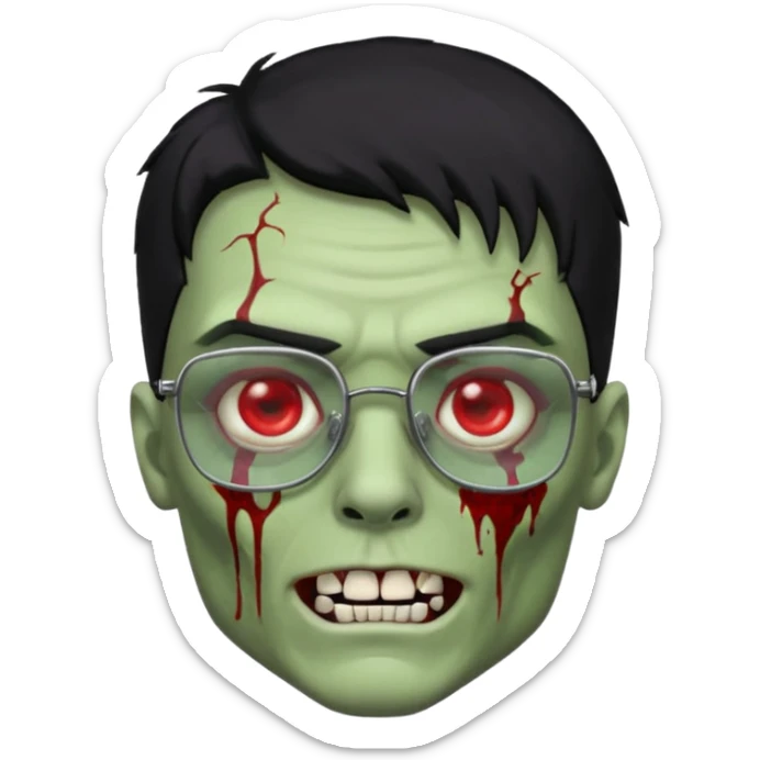 homem zumbi de óculos cabelo preto com muita olheira deixar pele dele verde dentes brancos e olhos vermelhos e ensanguentados deixar óculos quadrado e preto e olhos cheio de veias vermelhas e encher o rosto de piercings colocar piercing em todo rosto piercing prata sticker