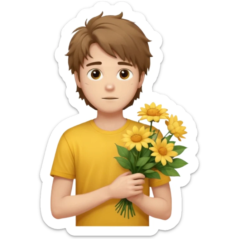 generate an ios genmoji of a 20 year old fair boy with brown long and messy hair with light beard on cheeks. carrying a flower bouquet, wearing a yellow tshirt, looking shy.  sticker
