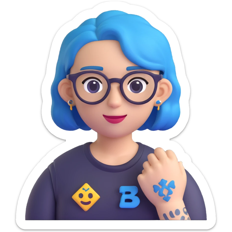 person with blue hair, glasses, and a visible tattoo, 3D emoji style sticker