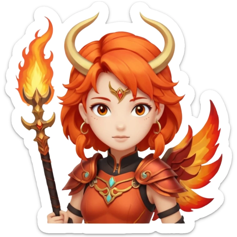 “Pastel red background, a fiery warrior girl character (anime/cartoon style) in the center. On top: ARIES in bold. Below in cursive: ‘Fire Fairy’. At the bottom: ‘Brave, passionate, always leading.’ ✨🔥⚔️” sticker