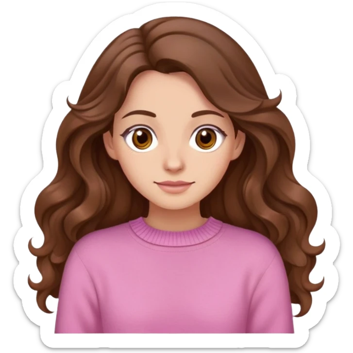 woman with long wavy brown hair, brown eyes, pink jumper sticker