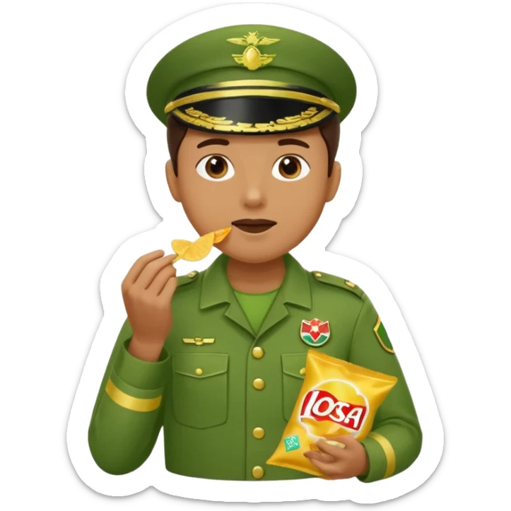 supermarket collegue wearing a green uniform and eating a packet of crisps no hat sticker
