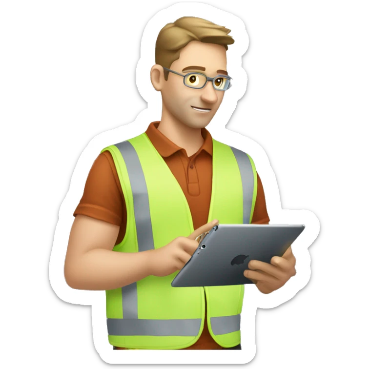 white skin male coordinator with vest on ipad on hand checking an aircraft motor sticker