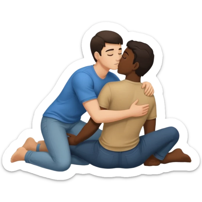 1White adult male dark hair and dark skin adult male, spooning naked on the ground, kissing, touching, cuddling, tongue, love, rear view,  sticker