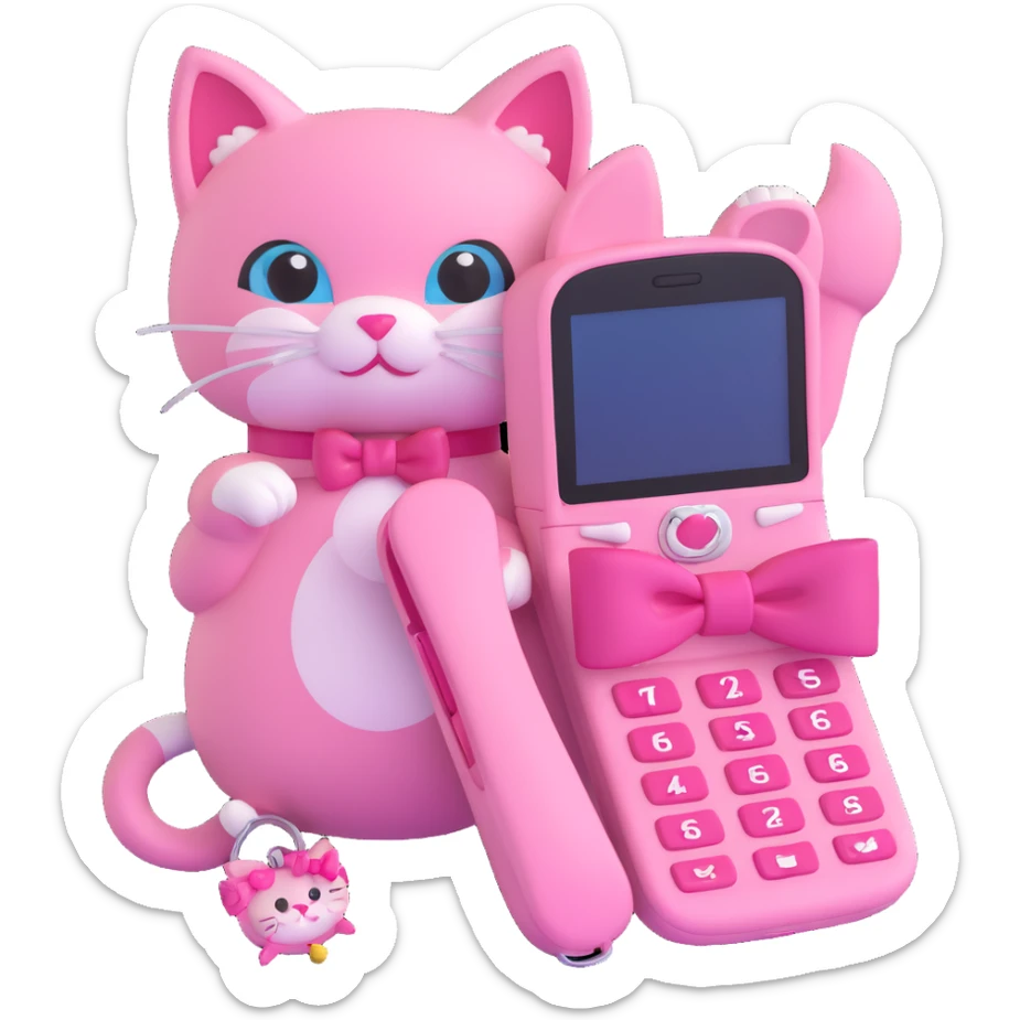 A pink flip phone with a pink bow, a pink background with stars, and a pink charm with a cat sticker