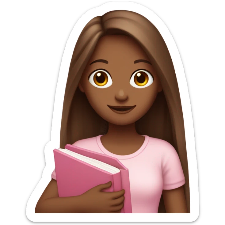 fair-skinned girl with long and straight brown hair holding a baby-pink-colored book sticker