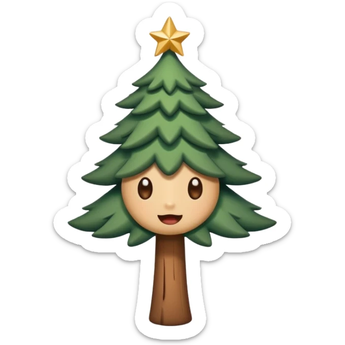 Un emoji représentant un petit sapin stylisé, sans bouche, avec deux grands yeux de biche brillants couleur cannelle. Style minimaliste, mignon et expressif, comme un sticker ou un emoji moderne. Fond parfaitement transparent, haute qualité, bien centré. sticker