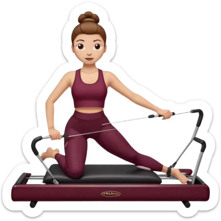 Girl with light skin tone - brown hair in a bun - and pilates outfit burgundy on a pilates reformer machine sticker