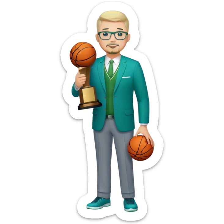 Full Body white male plus size body type  wearing glasses with a goatee with light blonde gray very short hair basketball head Coach in blue and green suit holding trophy sticker