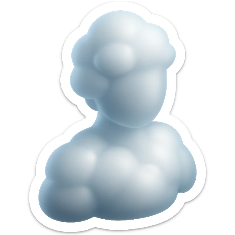 shoulder-up person fully made of white fluffy convex clouds, matte glass style, volumetric and soft clouds, airy and light appearance, clouds with slight transparency, no background sticker