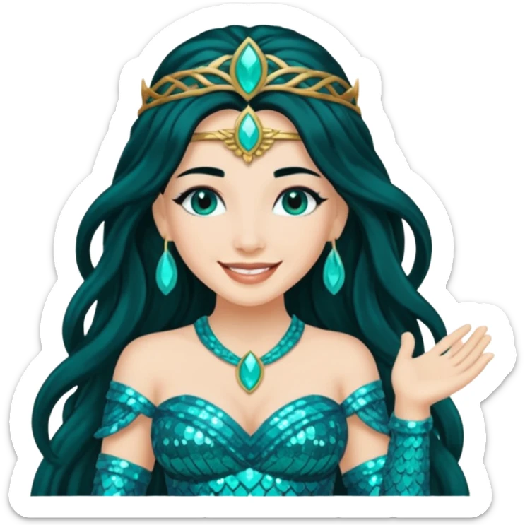 Salacia, Goddess of Hearth from Gods and Goddesses with long black hair, teal sequin outfit sticker