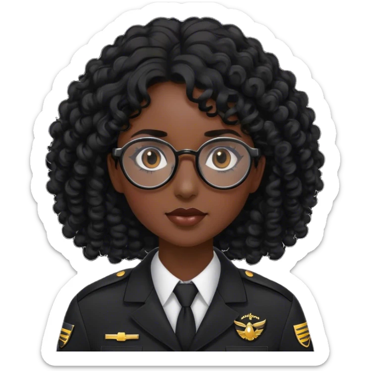 femme pilote d'avion en uniforme noir aux cheveux bouclés noir et petites lunettes arrondis identique avec des cheveux plus long  sticker