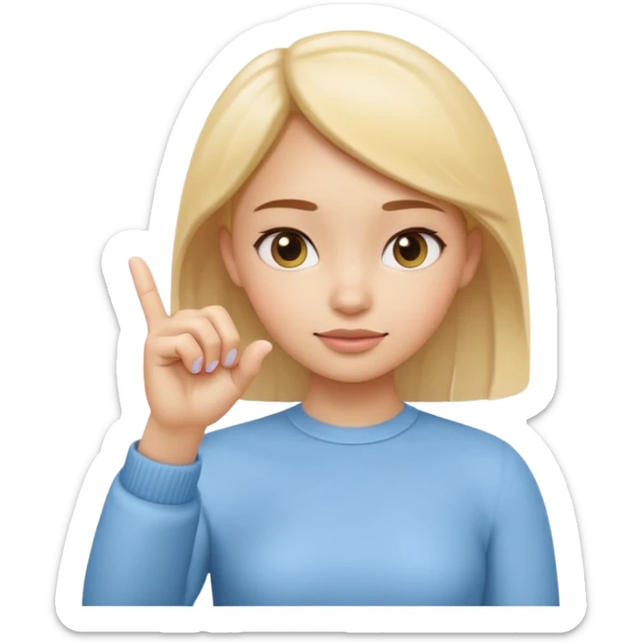 Emoji-style girl (Apple style) making a pinching gesture: thumb and index finger close together showing something is small, other fingers folded, same style as Apple 3D emojis, soft colors, glossy texture sticker